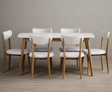 View Nordic 150cm solid oak and signal white painted dining table with 6 white nordic chairs View Nordic 150cm solid oak and signal white painted dining table with 6 white nordic chairs