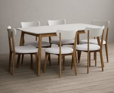 View Nordic 150cm solid oak and signal white painted dining table with 6 white nordic chairs View Nordic 150cm solid oak and signal white painted dining table with 6 white nordic chairs