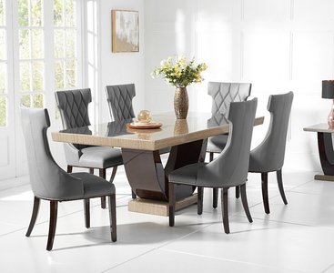View Novara 170cm brown pedestal marble dining table with 4 grey sophia chairs View Novara 170cm brown pedestal marble dining table with 4 grey sophia chairs