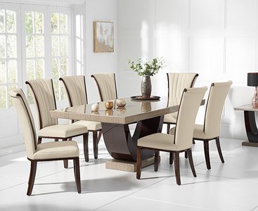 View Novara 200cm brown pedestal marble dining table with 12 cream lorient chairs View Novara 200cm brown pedestal marble dining table with 12 cream lorient chairs