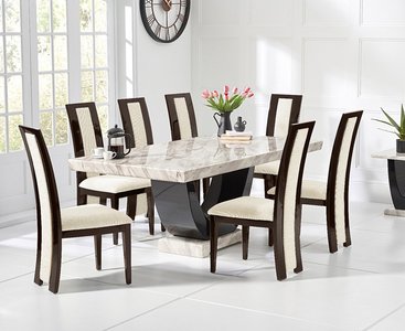View Novara 200cm cream and black pedestal marble dining table with 12 brown novara chairs View Novara 200cm cream and black pedestal marble dining table with 12 brown novara chairs