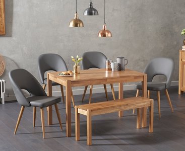 View York 120cm solid oak dining table with 2 grey hudson chairs with 1 oak bench View York 120cm solid oak dining table with 2 grey hudson chairs with 1 oak bench