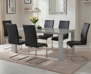 View Seattle 160cm light grey high gloss dining table with 6 black austin chairs View Seattle 160cm light grey high gloss dining table with 6 black austin chairs
