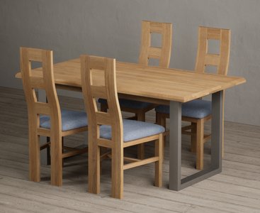 View Parker 160cm solid oak dining table with 4 blue natural chairs View Parker 160cm solid oak dining table with 4 blue natural chairs