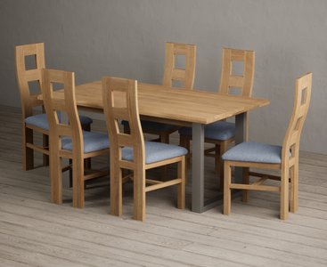 View Parker 160cm solid oak dining table with 6 blue natural chairs View Parker 160cm solid oak dining table with 6 blue natural chairs