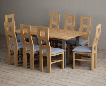 View Parker 160cm solid oak dining table with 8 blue natural chairs View Parker 160cm solid oak dining table with 8 blue natural chairs