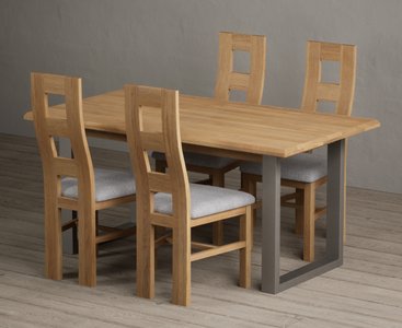 View Parker 160cm solid oak dining table with 4 light grey natural chairs View Parker 160cm solid oak dining table with 4 light grey natural chairs