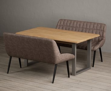 View Parker 160cm solid oak dining table with 2 brown benches View Parker 160cm solid oak dining table with 2 brown benches