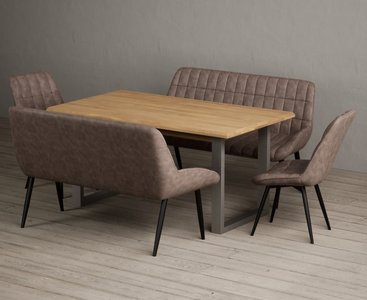View Parker 160cm solid oak dining table with 2 brown larson chairs with 1 brown bench View Parker 160cm solid oak dining table with 2 brown larson chairs with 1 brown bench