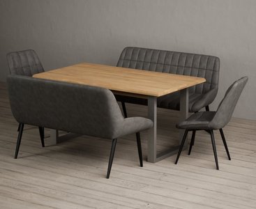 View Parker 160cm solid oak dining table with 2 grey larson chairs with 2 grey benches View Parker 160cm solid oak dining table with 2 grey larson chairs with 2 grey benches