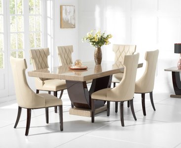 View Novara 170cm brown pedestal marble dining table with 4 cream sophia chairs View Novara 170cm brown pedestal marble dining table with 4 cream sophia chairs