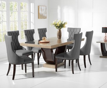 View Novara 200cm brown pedestal marble dining table with 12 grey sophia chairs View Novara 200cm brown pedestal marble dining table with 12 grey sophia chairs