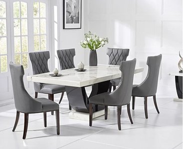 View Novara 200cm white and black pedestal marble dining table with 12 cream sophia chairs View Novara 200cm white and black pedestal marble dining table with 12 cream sophia chairs