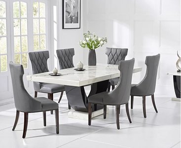 View Novara 170cm white and black pedestal marble dining table with 4 grey sophia chairs View Novara 170cm white and black pedestal marble dining table with 4 grey sophia chairs