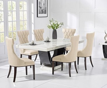 View Novara 200cm white and black pedestal marble dining table with 12 cream sophia chairs View Novara 200cm white and black pedestal marble dining table with 12 cream sophia chairs