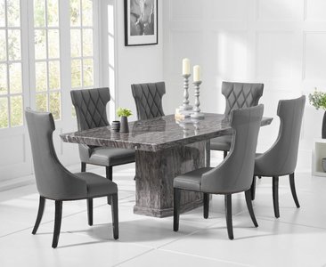 View Carvelle 160cm grey pedestal marble dining table with 4 grey sophia chairs View Carvelle 160cm grey pedestal marble dining table with 4 grey sophia chairs