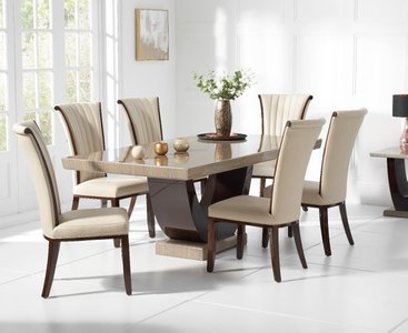 Photo of novara 170cm brown pedestal marble dining table with 4 cream lorient chairs