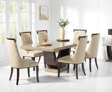 View Novara 170cm brown pedestal marble dining table with 4 cream francesca chairs View Novara 170cm brown pedestal marble dining table with 4 cream francesca chairs