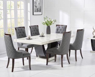 View Novara 200cm white and black pedestal marble dining table with 12 grey francesca chairs View Novara 200cm white and black pedestal marble dining table with 12 grey francesca chairs