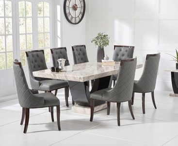 View Novara 200cm cream and black pedestal marble dining table with 12 cream francesca chairs View Novara 200cm cream and black pedestal marble dining table with 12 cream francesca chairs