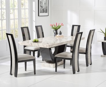 View Novara 170cm cream and black pedestal marble dining table with 4 black novara chairs View Novara 170cm cream and black pedestal marble dining table with 4 black novara chairs
