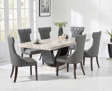 View Novara 170cm cream and black pedestal marble dining table with 6 cream sophia chairs View Novara 170cm cream and black pedestal marble dining table with 6 cream sophia chairs