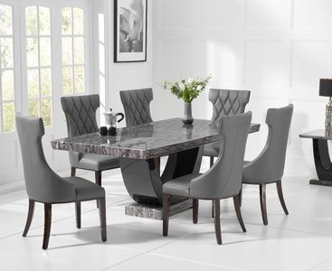 View Novara 170cm dark grey pedestal marble dining table with 6 grey sophia chairs View Novara 170cm dark grey pedestal marble dining table with 6 grey sophia chairs