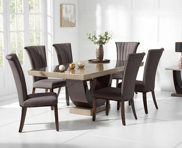 Photo of novara 170cm brown pedestal marble dining table with 4 brown lorient chairs
