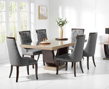 View Novara 170cm brown pedestal marble dining table with 4 grey francesca chairs View Novara 170cm brown pedestal marble dining table with 4 grey francesca chairs