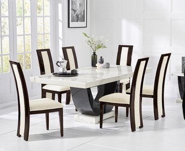View Novara 170cm white and black pedestal marble dining table with 4 brown novara chairs View Novara 170cm white and black pedestal marble dining table with 4 brown novara chairs