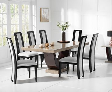 View Novara 200cm brown pedestal marble dining table with 10 black novara chairs View Novara 200cm brown pedestal marble dining table with 10 black novara chairs