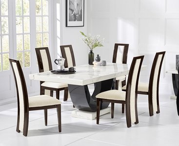 View Novara 200cm white and black pedestal marble dining table with 12 brown novara chairs View Novara 200cm white and black pedestal marble dining table with 12 brown novara chairs