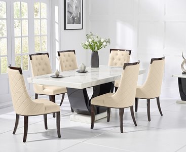 Photo of novara 200cm white and black pedestal marble dining table with 8 cream francesca chairs