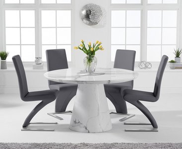 View Ravello 130cm round white marble dining table with 6 grey aldo chairs View Ravello 130cm round white marble dining table with 6 grey aldo chairs