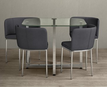 View Rhodes clear glass dining table with 4 grey rhodes chairs View Rhodes clear glass dining table with 4 grey rhodes chairs