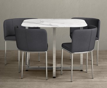 View Rhodes white marble effect ceramic dining table with 4 grey rhodes chairs View Rhodes white marble effect ceramic dining table with 4 grey rhodes chairs