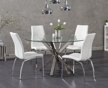 View Rodin round glass dining table with 4 white marco chairs View Rodin round glass dining table with 4 white marco chairs