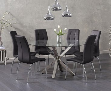 View Rodin round glass dining table with 6 grey enzo chairs View Rodin round glass dining table with 6 grey enzo chairs