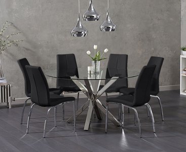 View Rodin round glass dining table with 4 black marco chairs View Rodin round glass dining table with 4 black marco chairs