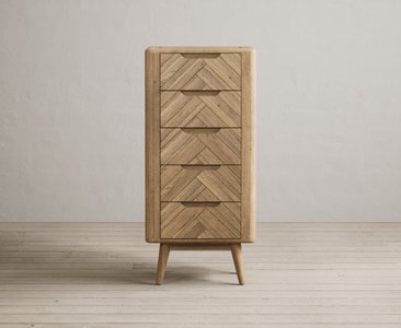 View Solid oak 5 drawer tallboy chest | herringbone detail View Solid oak 5 drawer tallboy chest | herringbone detail