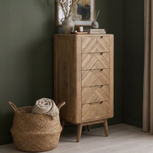 View Solid oak 5 drawer tallboy chest | herringbone detail View Solid oak 5 drawer tallboy chest | herringbone detail