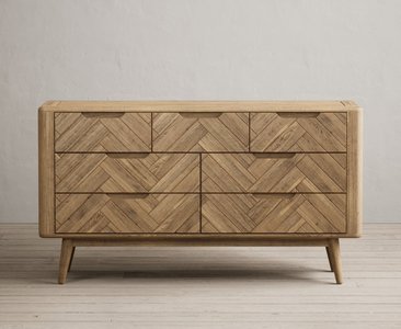 View Solid oak wide chest of drawers | herringbone detail View Solid oak wide chest of drawers | herringbone detail