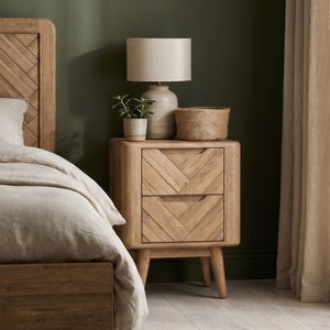 View Solid oak 2 drawer bedside chest | herringbone detail View Solid oak 2 drawer bedside chest | herringbone detail