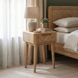 View Solid oak bedside lamp table | herringbone detail View Solid oak bedside lamp table | herringbone detail