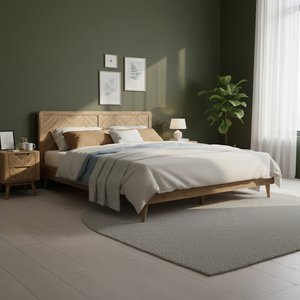 View Solid oak super king bed | herringbone detail