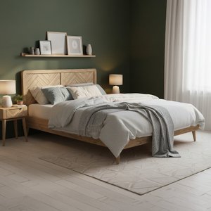 View Solid oak double bed | herringbone detail