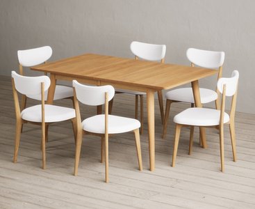 Photo of extending ruben 150cm retro oak dining table with 6 white nordic chairs