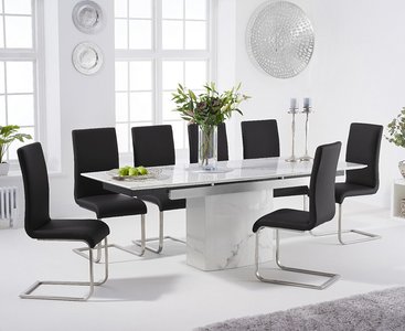 View Extending savona 160cm white ceramic dining table with 8 black austin chairs View Extending savona 160cm white ceramic dining table with 8 black austin chairs
