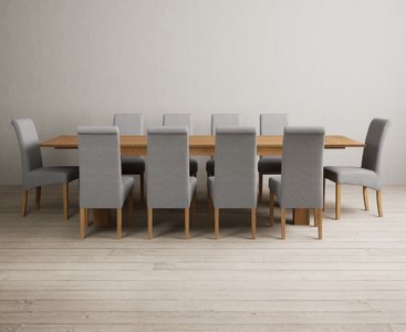 View Extending sheringham 200cm solid oak table with 10 grey scroll back chairs View Extending sheringham 200cm solid oak table with 10 grey scroll back chairs