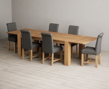 View Sheringham 200cm solid oak dining table with sheringham oak extensions -pair- with 12 grey braced chairs View Sheringham 200cm solid oak dining table with sheringham oak extensions -pair- with 12 grey braced chairs
